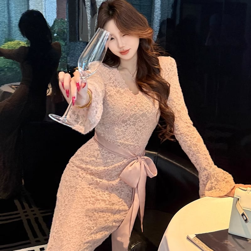 リボンレースワンピース dress】リボン付きロングレースワンピース Q7671 – NANASTYLE