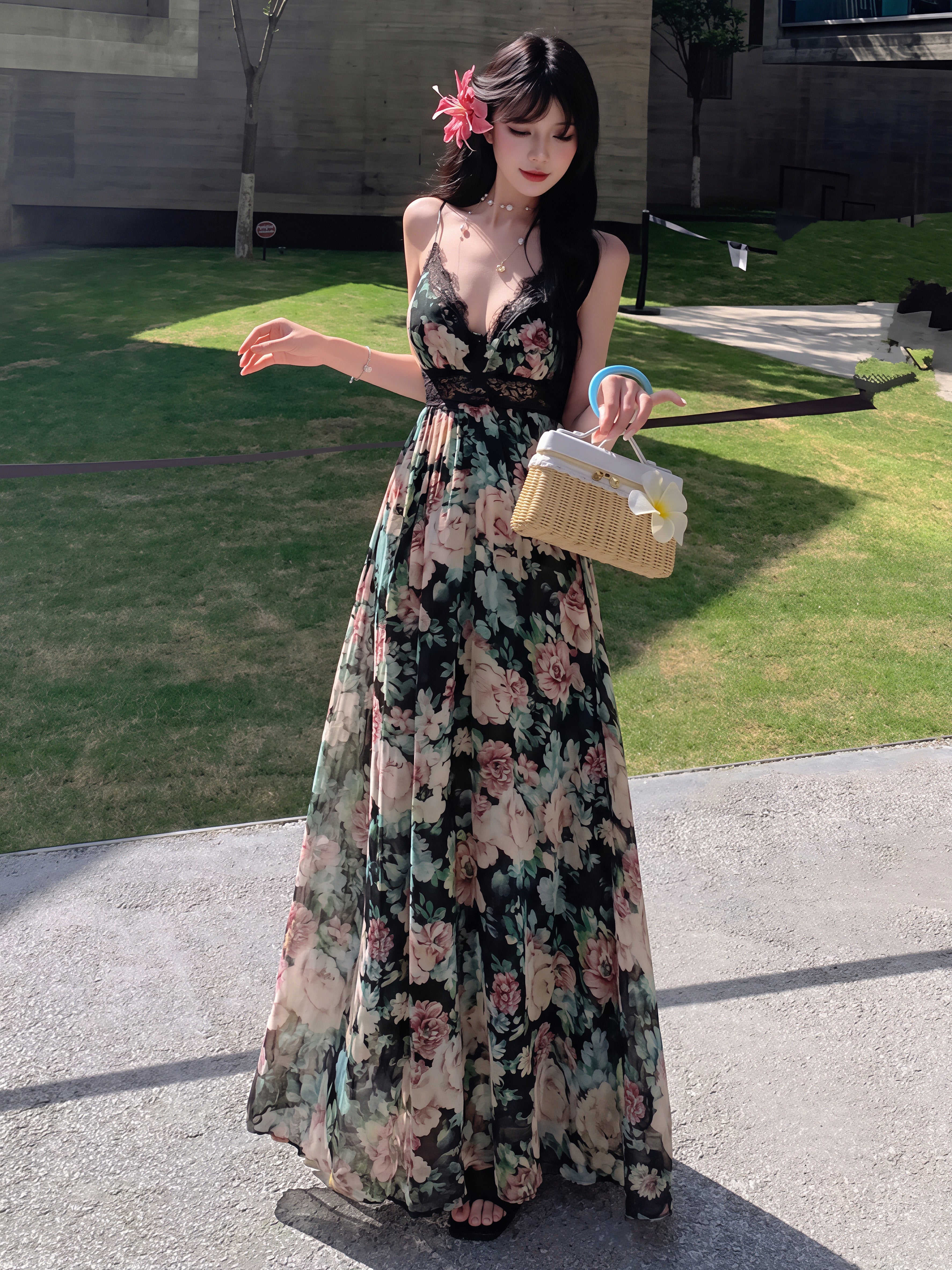 dress】フラワー柄レースドッキングロングキャミワンピース Q8728