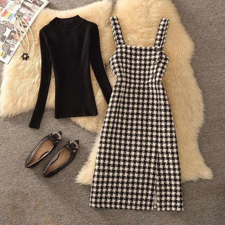 【dress】スリットチェック柄ツイードワンピース　N2263