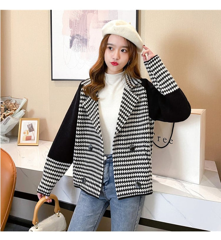 【outer】千鳥格子ドッキングニットコート　M18143