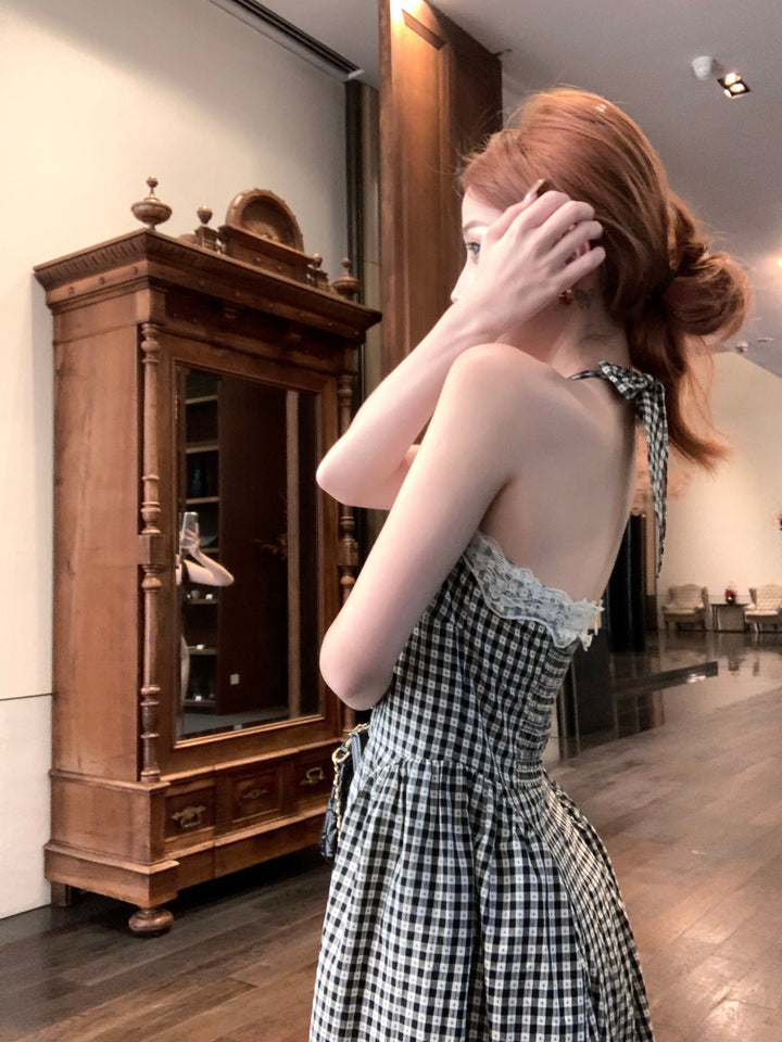 【dress】バックリボンレース切り替えチェック柄ワンピース　N2683