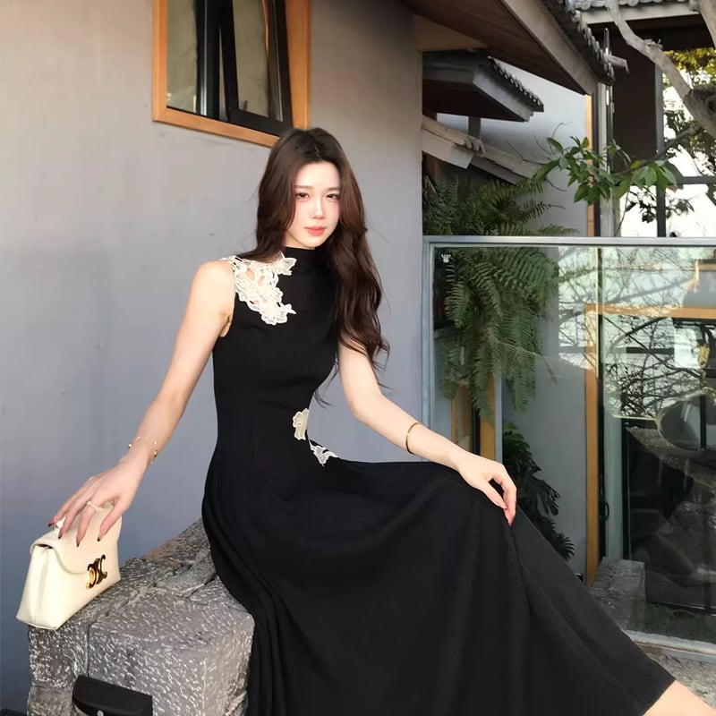 【dress】レースドッキングノースリーブニットワンピース Q8403
