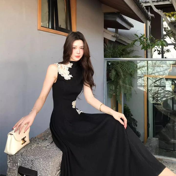 【dress】レースドッキングノースリーブニットワンピース Q8403