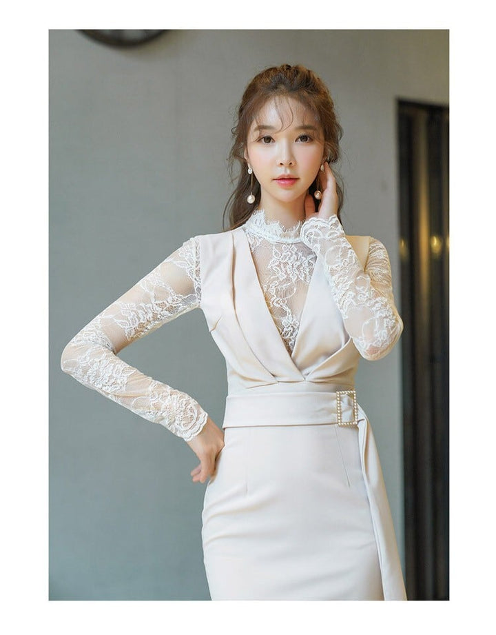 【dress】レース切り替えデートワンピース韓国系着心地良い　M17157