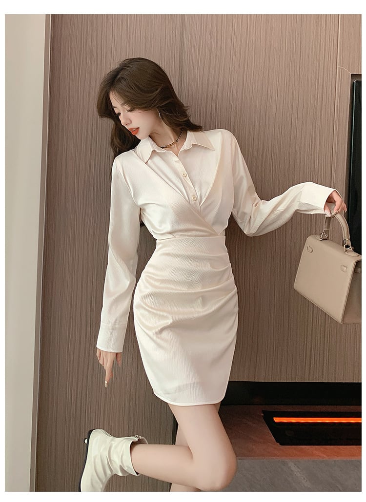 【dress】シンプルVネック通勤風シャツワンピース　M17674