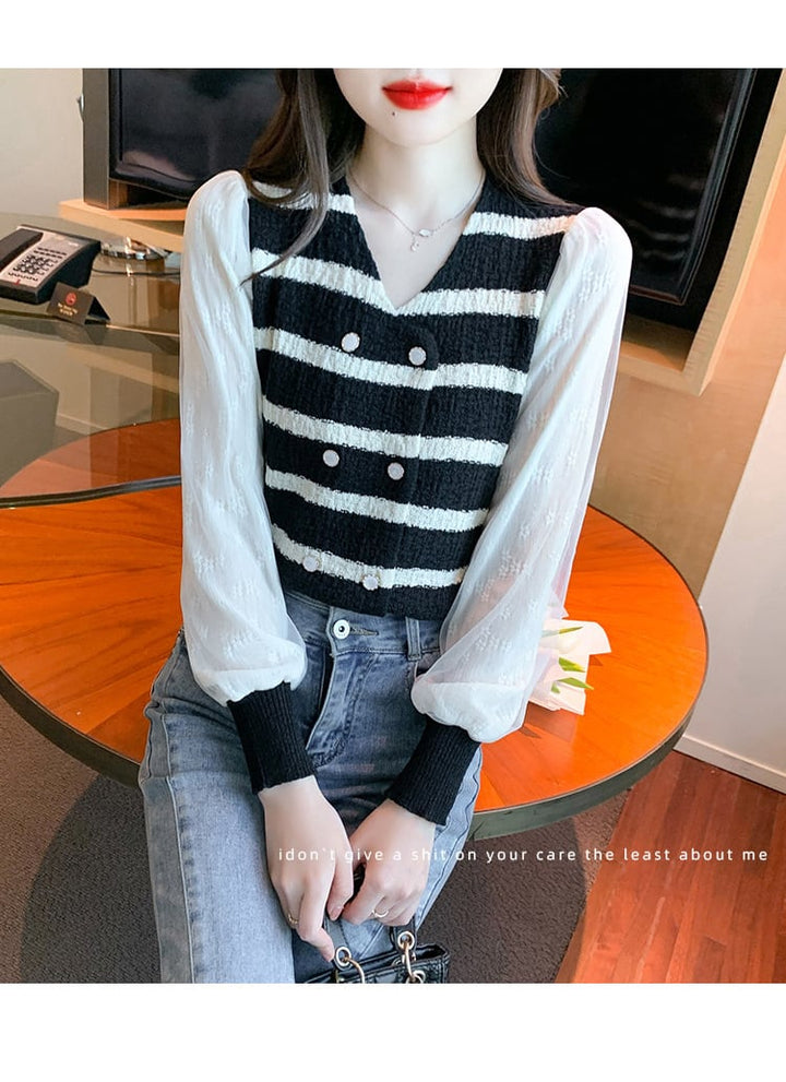【tops】好感度UPエレガントボーダー柄切り替えトップス　M17270