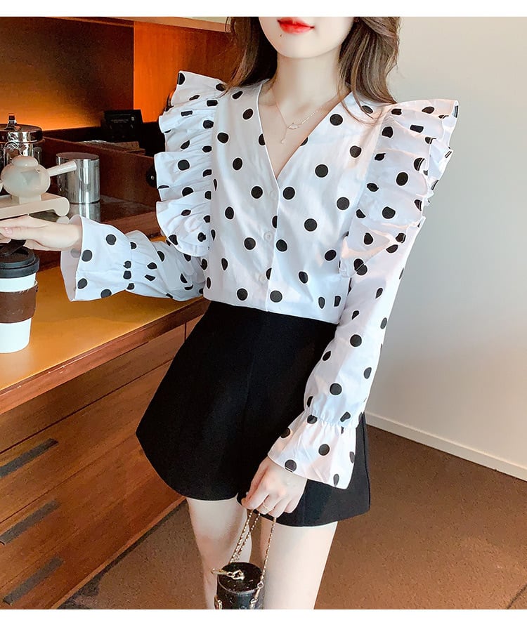 【tops】今季マストバイVネックドット柄シャツトップス　M17151