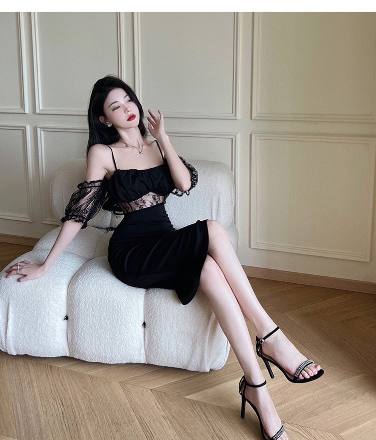 【dress】韓国系セクシーレース切り替えキャミワンピース　M17058