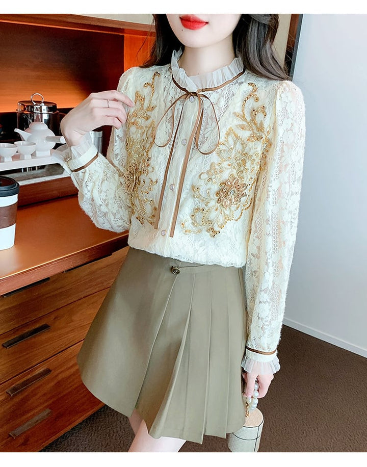 【tops】美人度アップエレガントレースシャツトップス　M16878
