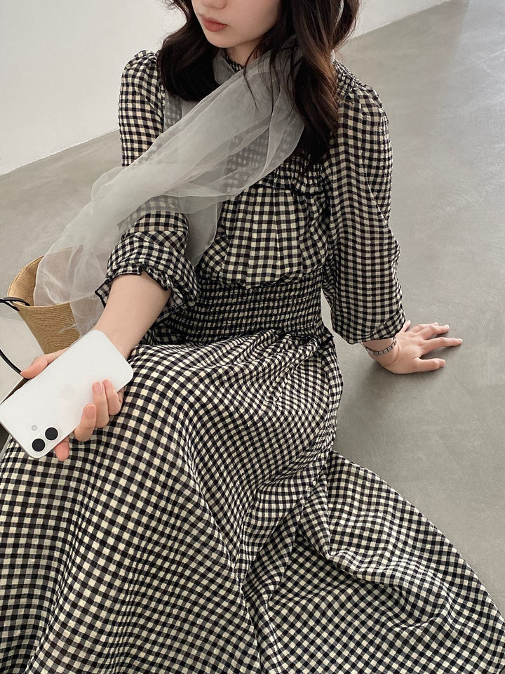【dress】チェック柄ロングワンピース Q8249