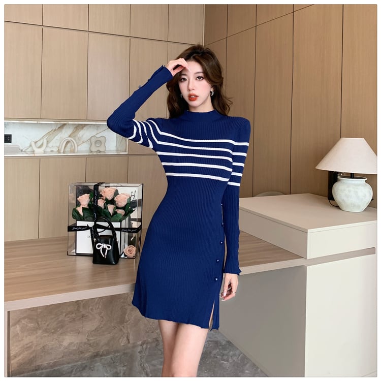 【dress】ボーダー柄スリットニットワンピース　M17966