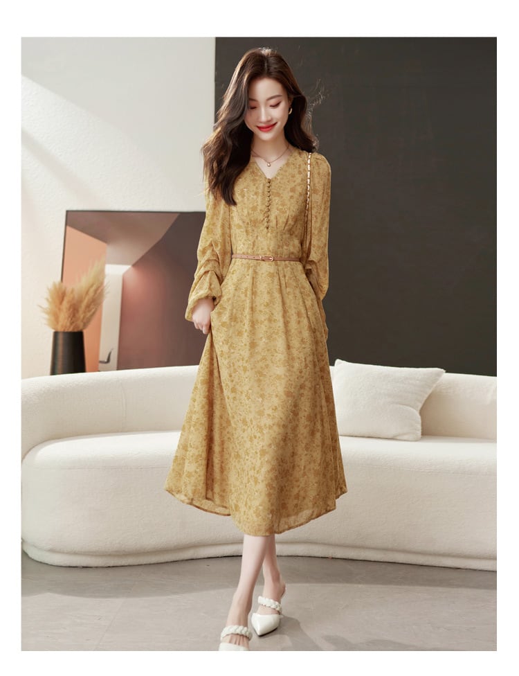 【dress】輝いて超人気 ! Vネック花柄ワンピースベルト付き　M17029