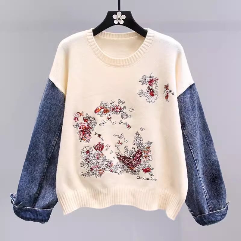 【tops】刺繍デニム切り替えニットセーター　M17706