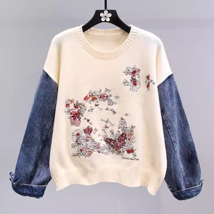 【tops】刺繍デニム切り替えニットセーター　M17706