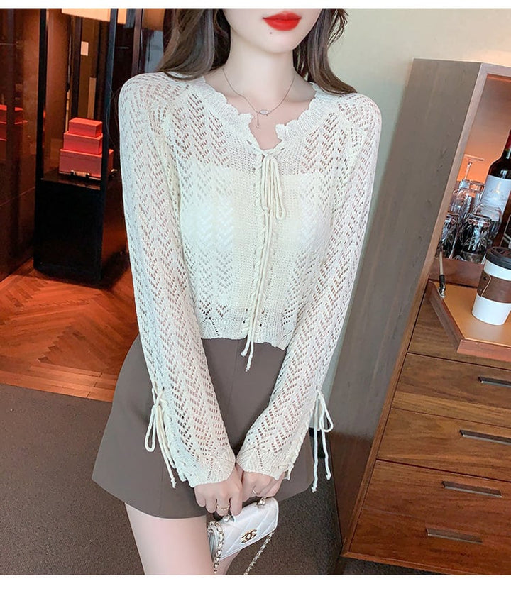 【tops】優しい雰囲気カットワークニットトップスゆったり　M17087