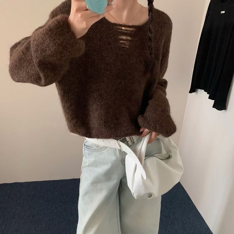 【tops】ダメージ加工ニットトップス Q7916