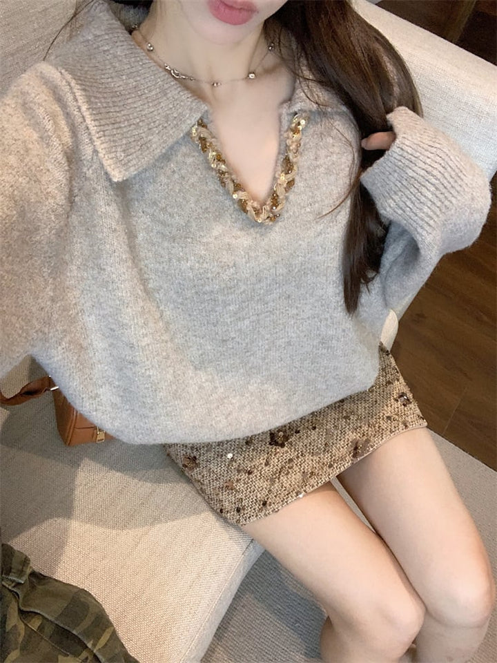 【set】Ⅴネックニットトップス×スパンコールスカートセット　M28146