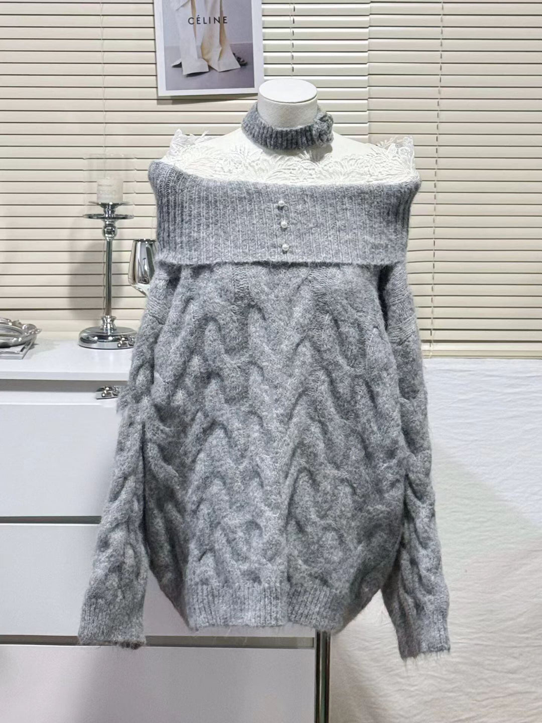 【tops】レースドッキングオフショルダーニットトップス Q7680