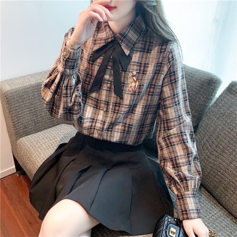 【tops】気質満点大人可愛いリボン付きチェック柄シャツ　M17329