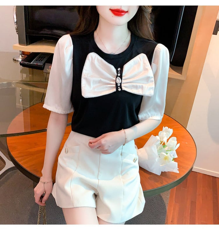 【tops】知的で品の良い♡エレガントリボン付きTシャツ　M16838