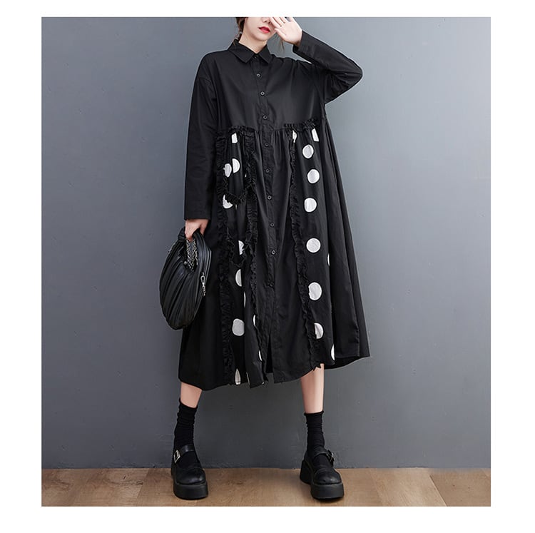 【dress】韓国系プリント切り替えシャツワンピースゆったり　M17448