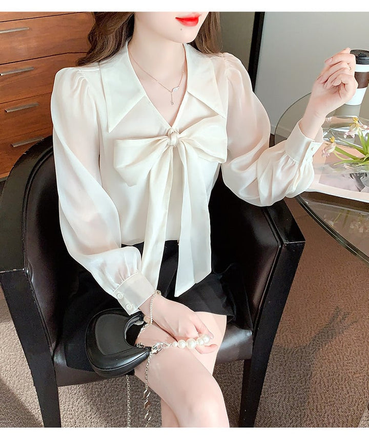 【tops】リボン付きシャツトップス　M25729