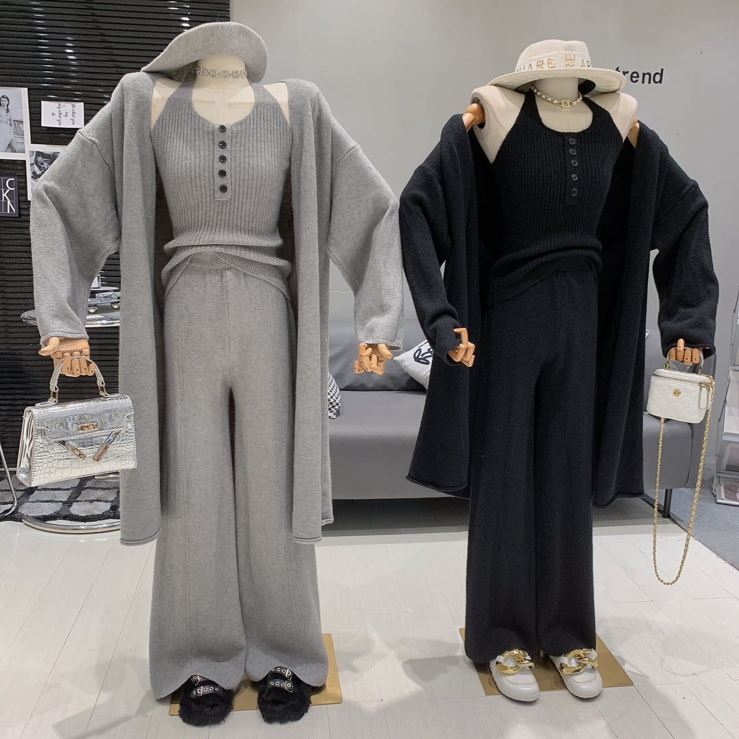 【set】ホルターネックトップス×ロングカーディガン×ワイドパンツ3点セット　N2766