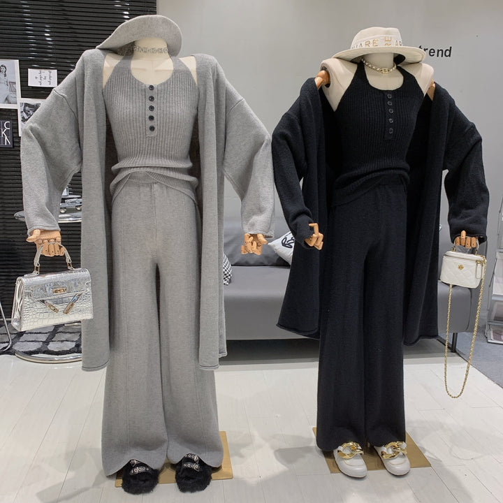【set】ホルターネックトップス×ロングカーディガン×ワイドパンツ3点セット　N2766