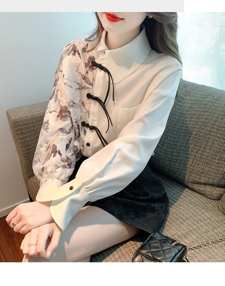 【tops】プリントドッキングシャツトップス　M18287