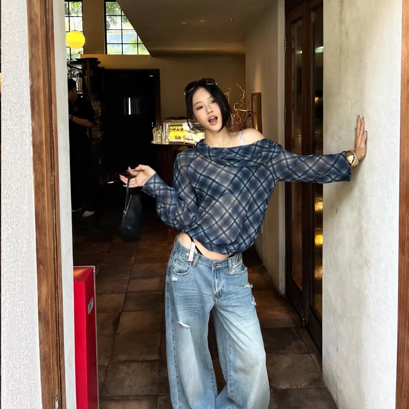 【tops】チェック柄シフォントップス Q8210