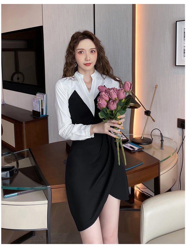 【dress】不規則 イレギュラー切り替え配色ワンピース　M17182