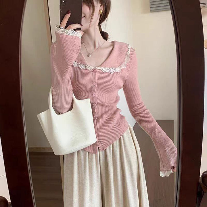 【tops】レース切り替えニットカーデ　M27552