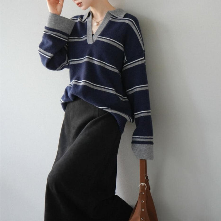 【tops】Ⅴネックボーダー柄ニットトップス N3430
