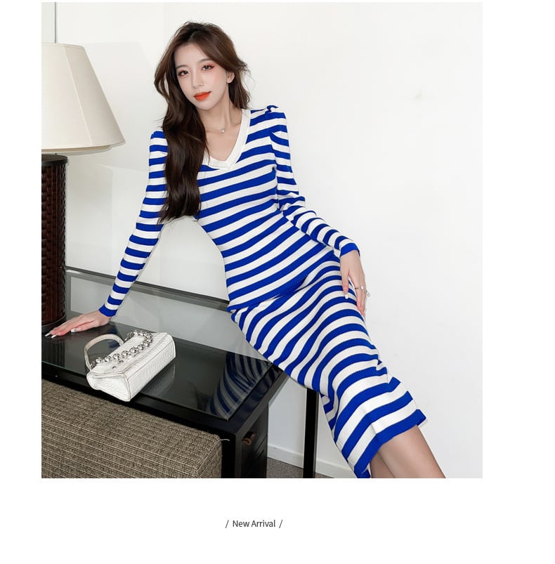 【dress】ボーダー柄Vネック配色ニットワンピース　M17717