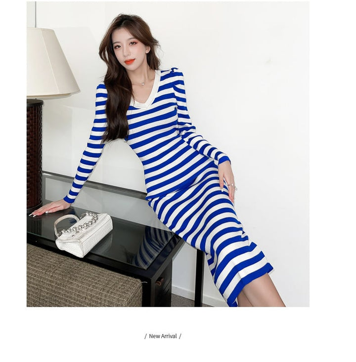 【dress】ボーダー柄Vネック配色ニットワンピース　M17717