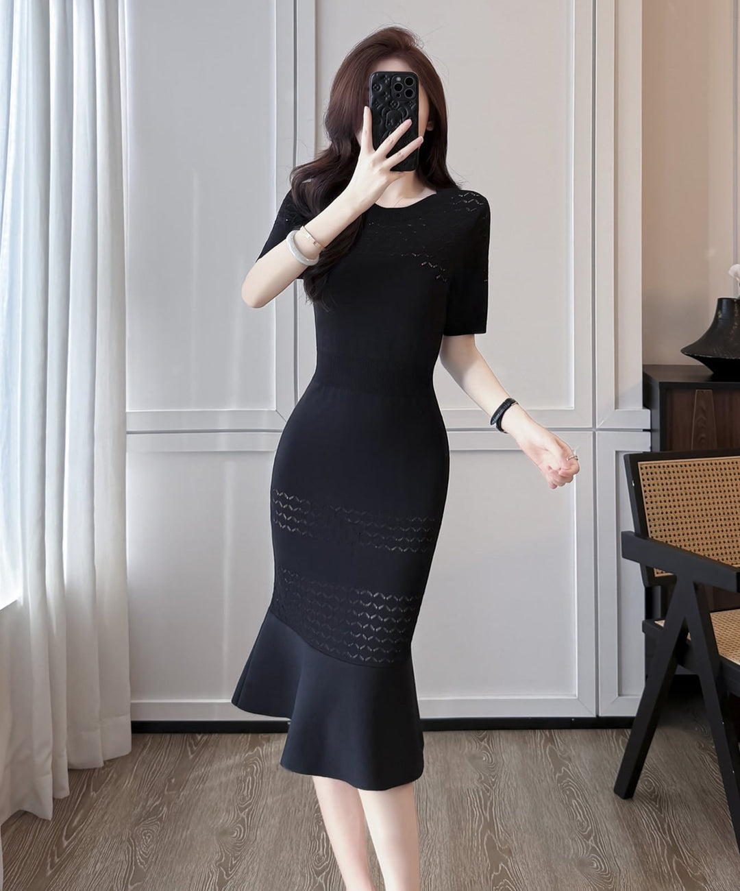 【dress】半袖ニットマーメイドワンピース Q8494