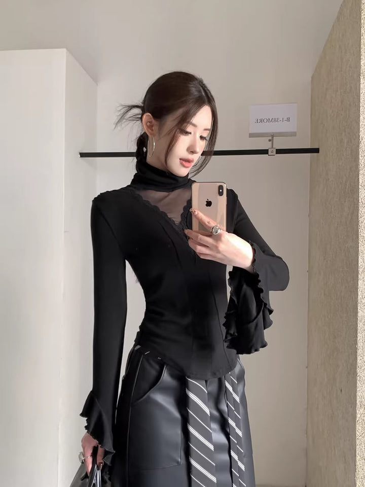 【tops】ハイネックチュールドッキングトップス Q8054