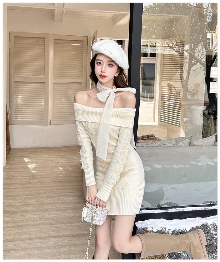 【dress】リボンオフショルニットワンピース　N2855