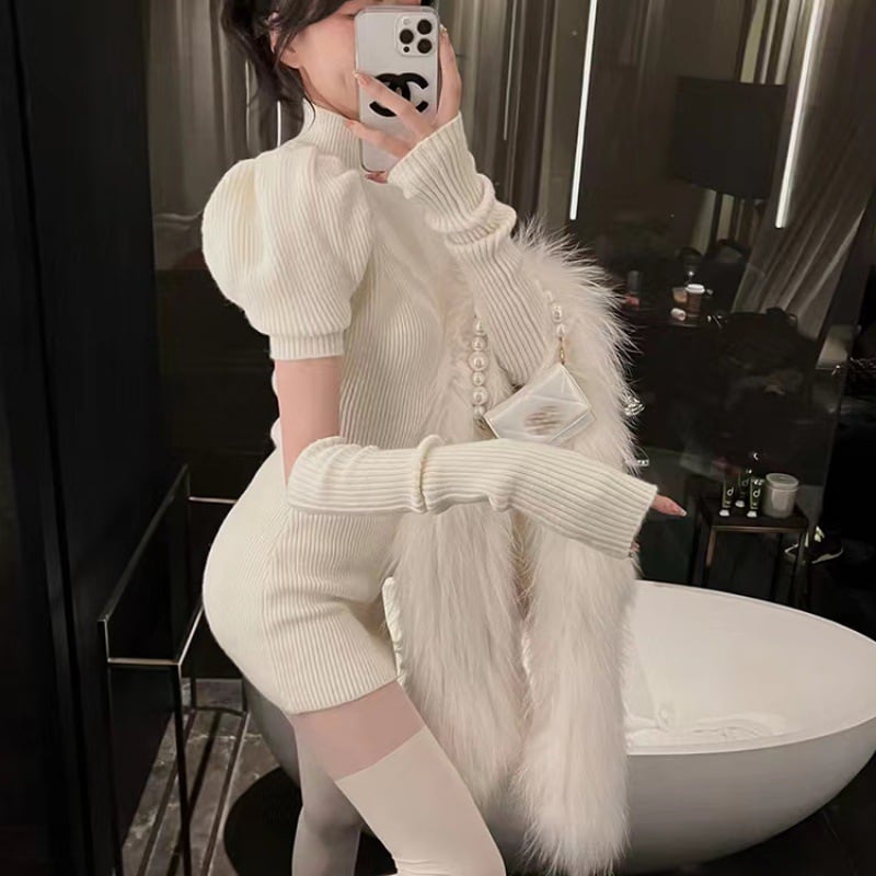 【dress】アームカバー付き無地ニットワンピース　M17718