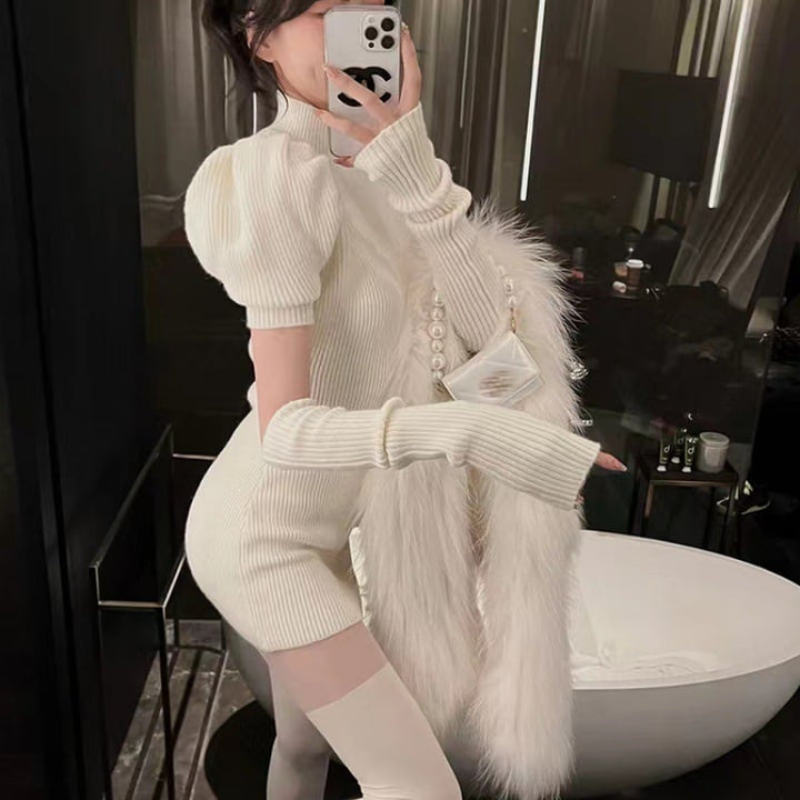 【dress】アームカバー付き無地ニットワンピース　M17718