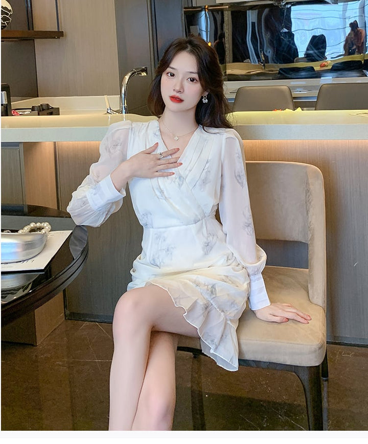 【dress】大人らしい Vネックマーメイド花柄ワンピース　M17259
