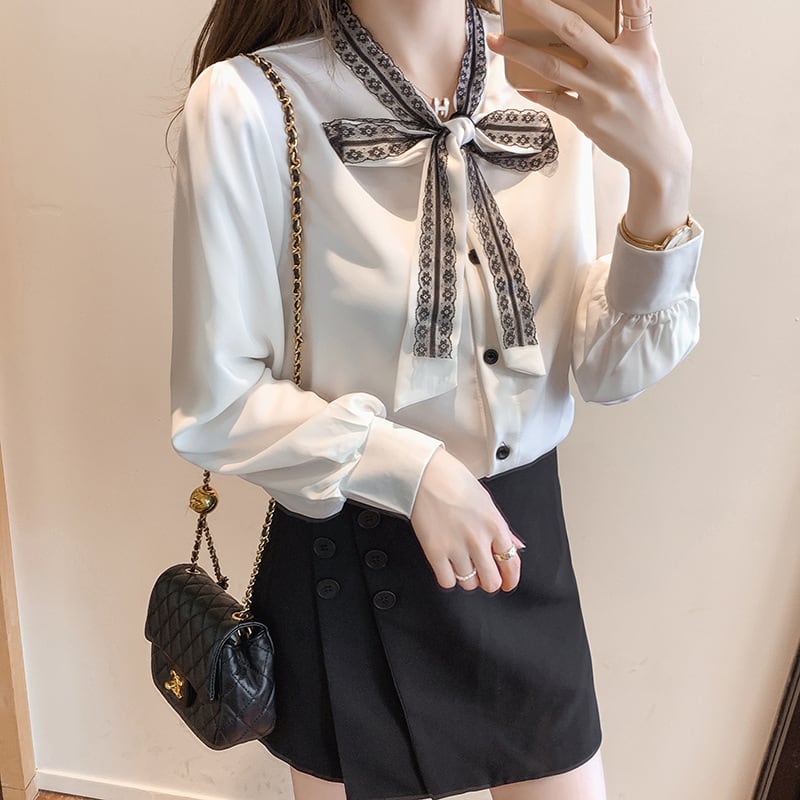 【tops】人気を独占中 リボン付きシャツトップス　M17614