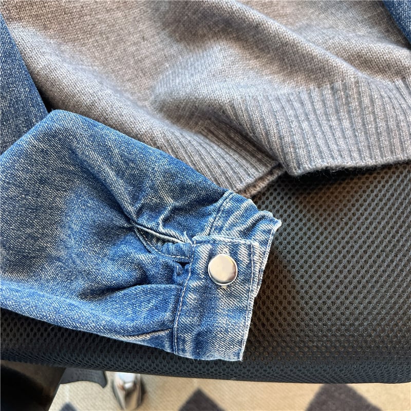 【tops】刺繍デニム切り替えニットセーター　M17706