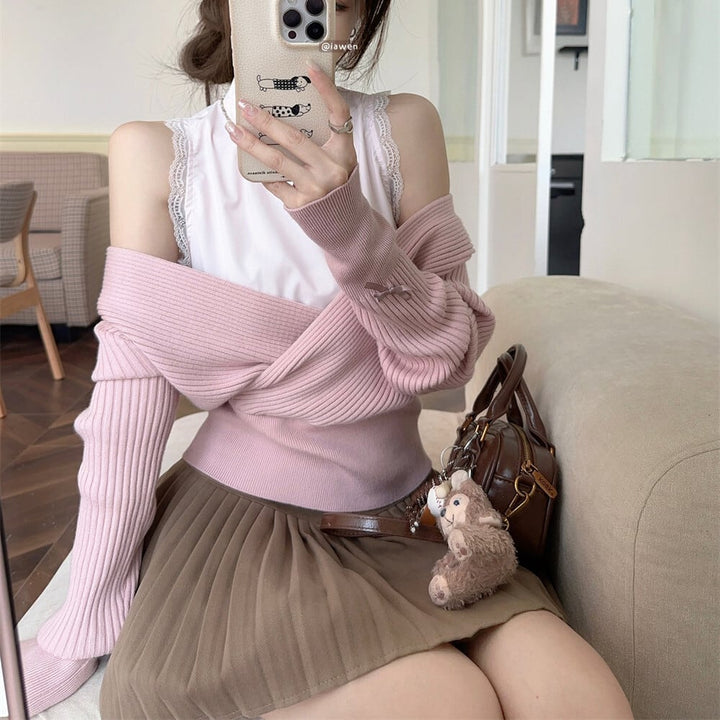 【tops】オフショルダー切り替えニットトップス　M27223