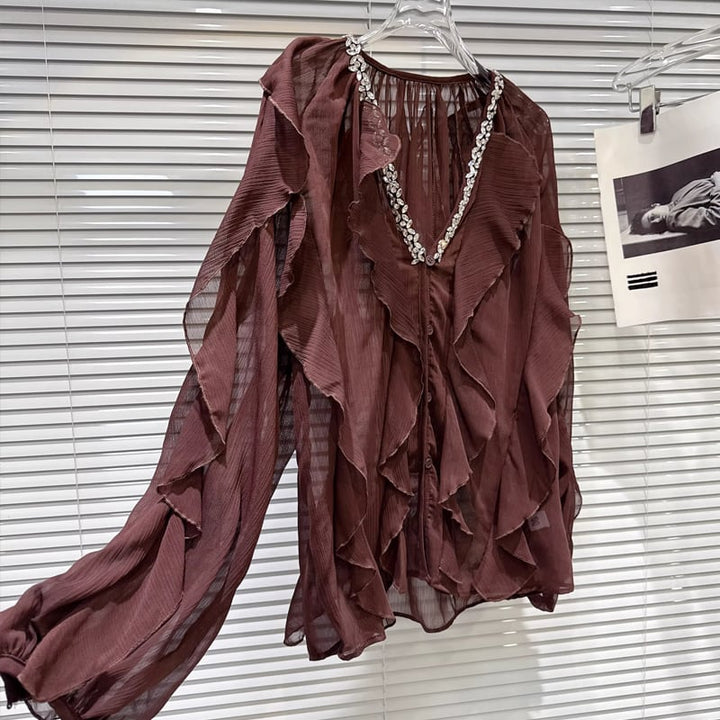 【tops】Vネックフレアシフォンシャツ Q8105