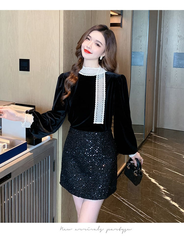 【tops】レース切り替えシャツトップス　M27569