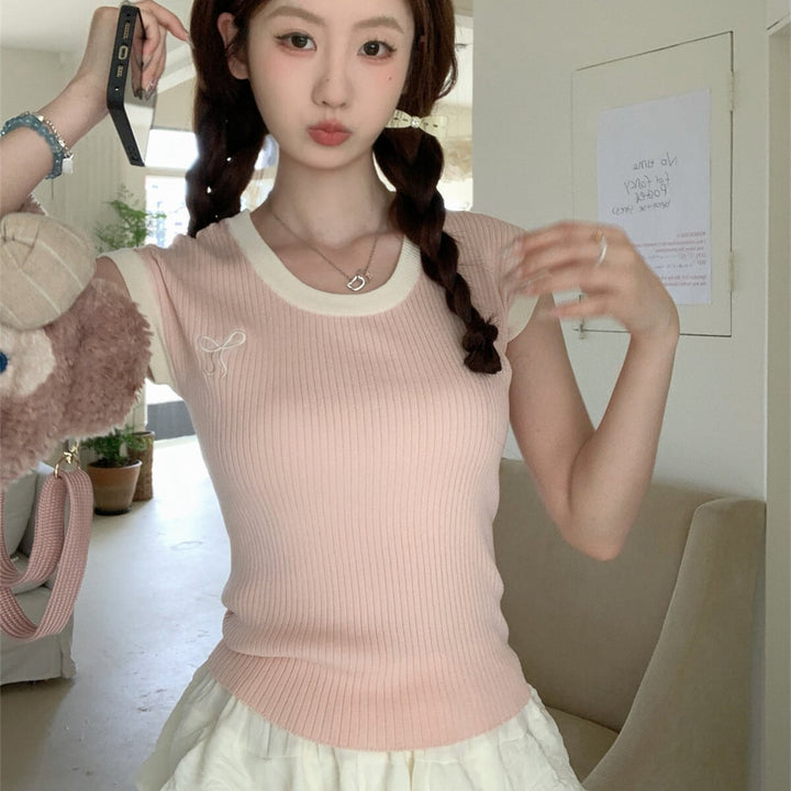 【tops】リボン刺繍ニットTシャツ　M25106