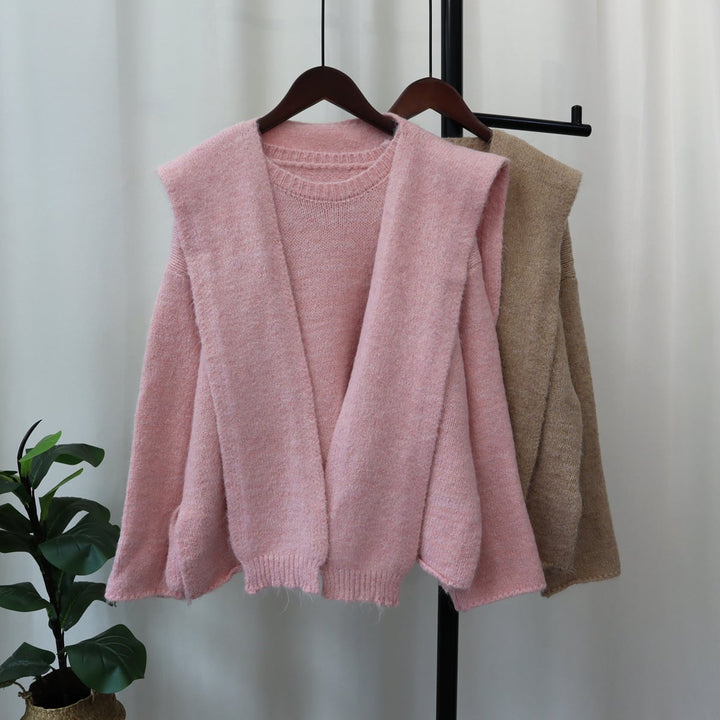 【tops】クルーネックニットセーターマフラー付き　M18174
