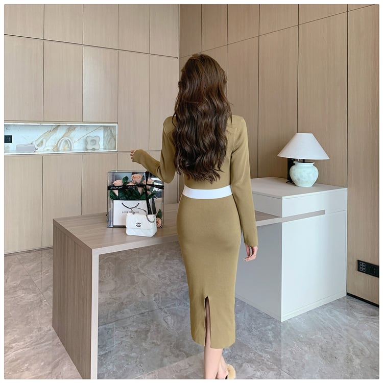 【dress】早い者勝ち切り替えニットワンピース着瘦せ　M17510