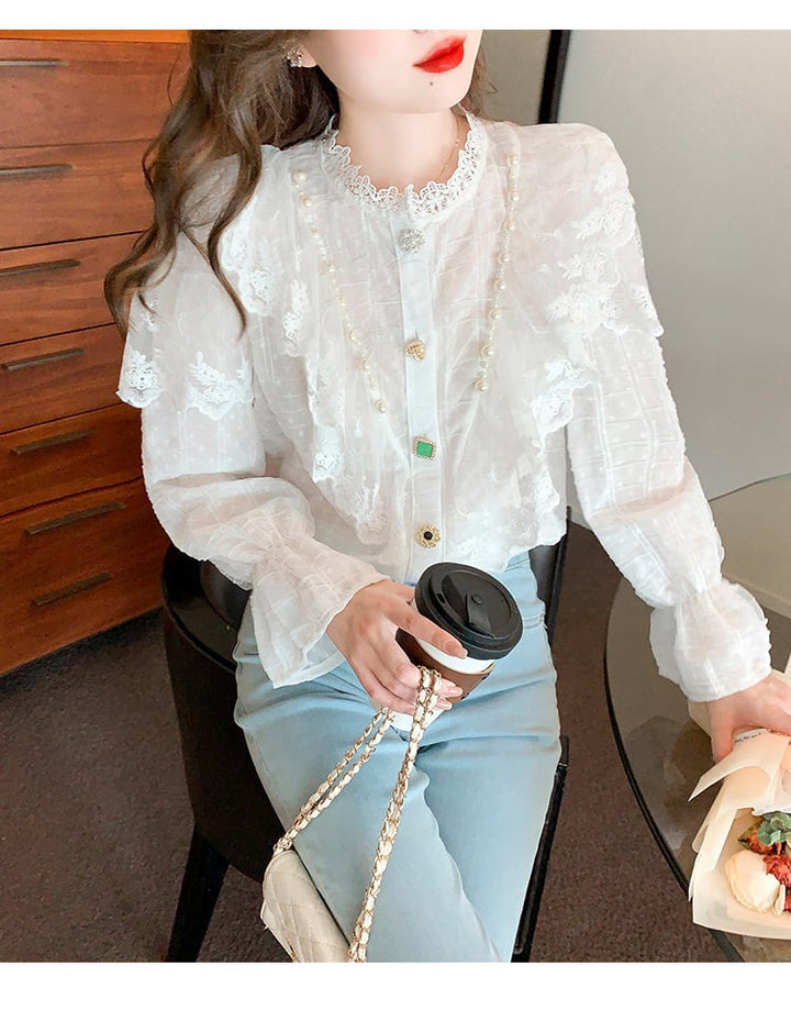 【tops】エレガントレース切り替えシャツトップス　M17378